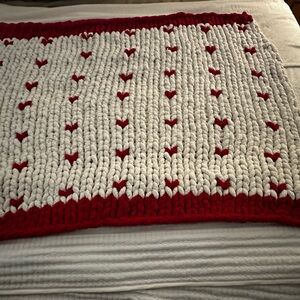 Handmade Red and White Knitted Blanket